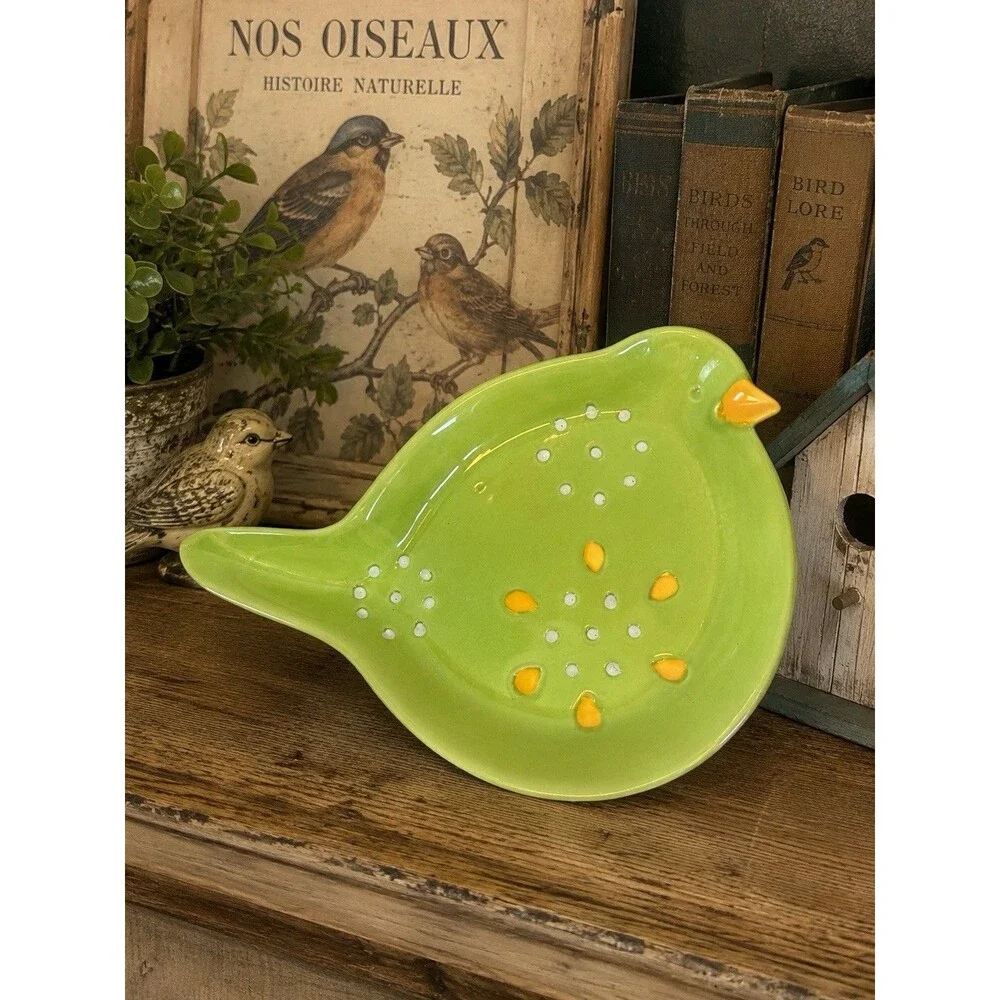 Pier 1 Imports Green Bird Ceramic Colander Trinket Dish Hand Painted Decor VTG